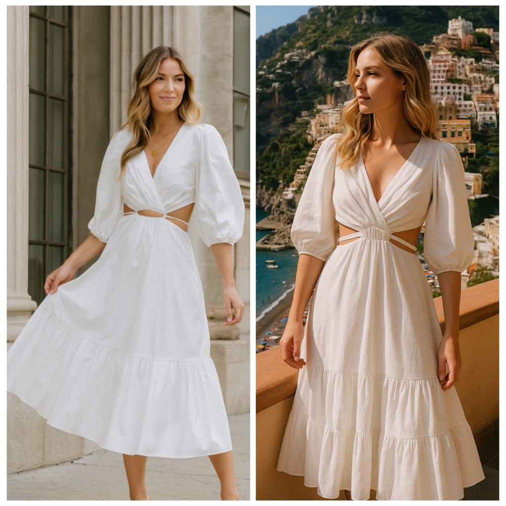 Astr Cream Midi Dress with Puff Sleeves and Waist Cutouts